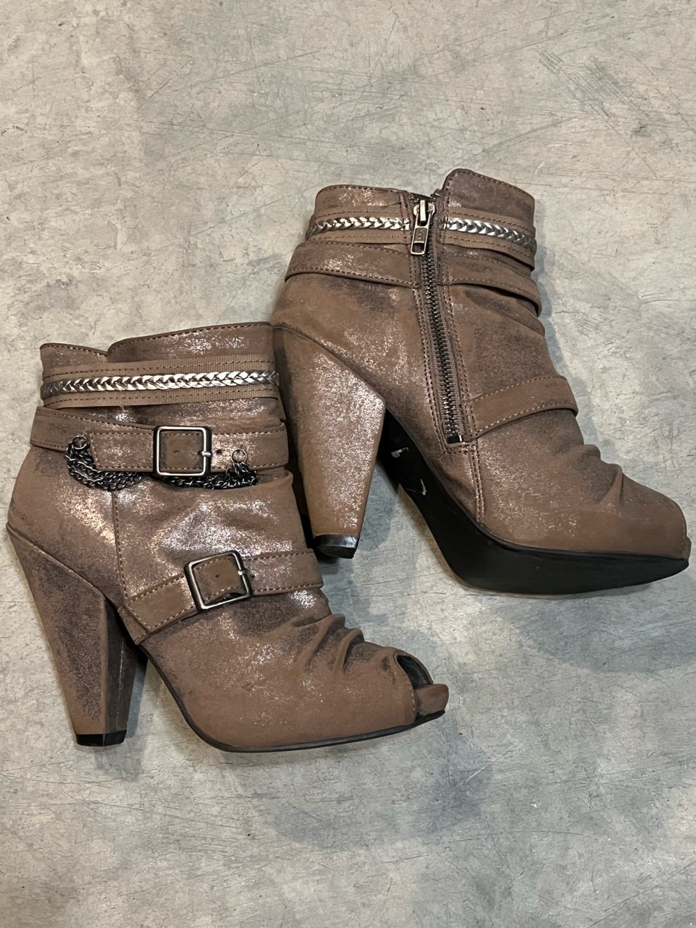 Buckle Brown Peep-Toe Ankle Booties with Buckle & Braided Trim